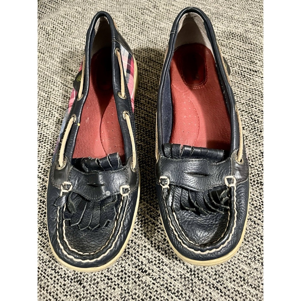 Sperry Top-Sider Women's Boat Shoes Navy Plaid Leather Canvas Size 8M Good Cond